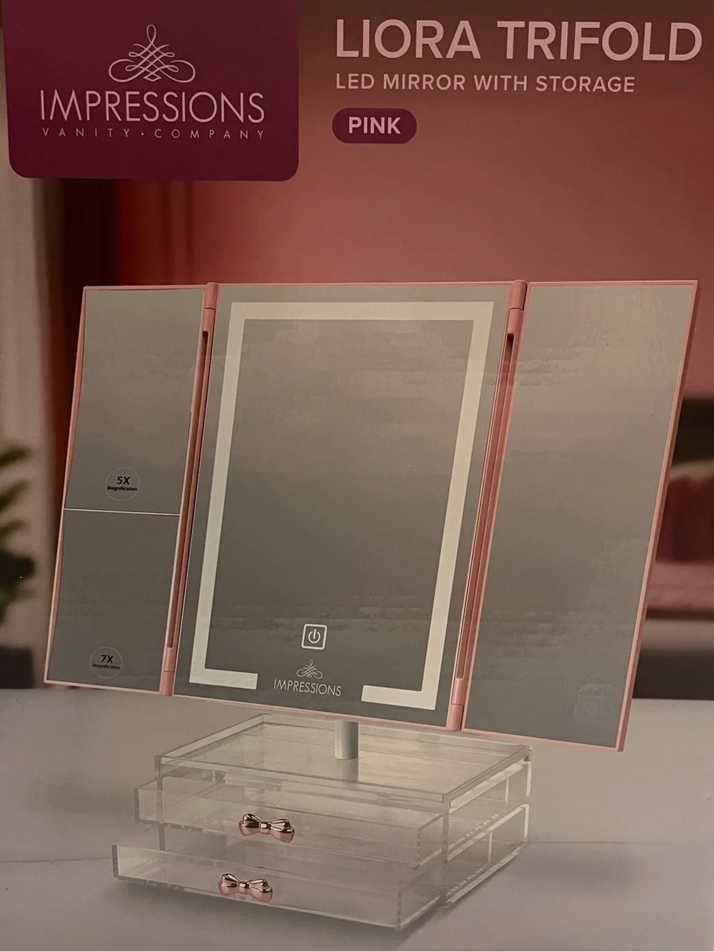 Pink LED Vanity Trifold Mirror w/ 5x/7x Magnification + 2 Clear Storage Drawers